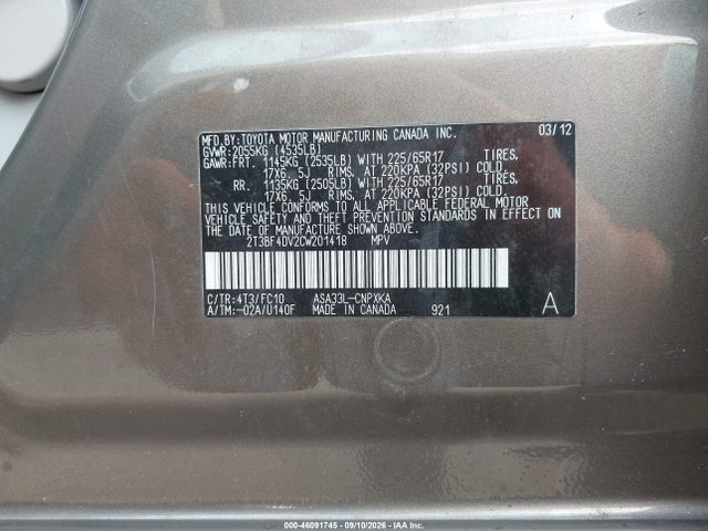 46091745 :رقم المزاد ، 2T3BF4DV2CW201418 vin ، 2012 Toyota Rav4 مزاد بيع