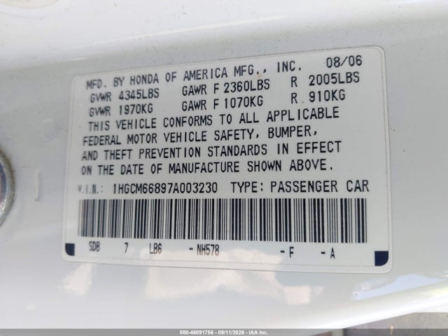 46091756 :رقم المزاد ، 1HGCM66897A003230 vin ، 2007 Honda Accord 3.0 Ex مزاد بيع