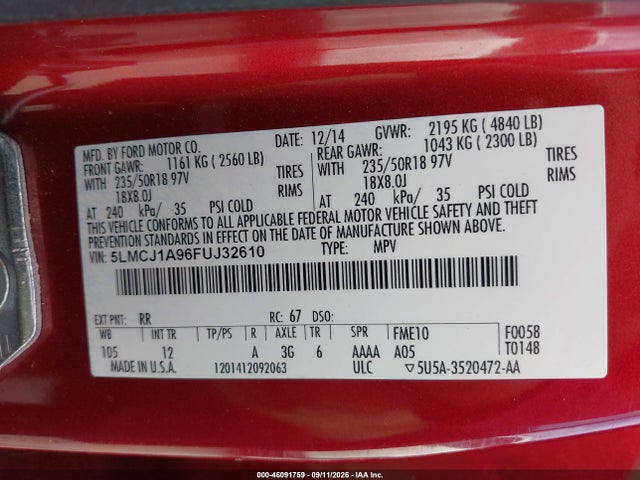 Aukcja sprzedaży 2015 Lincoln Mkc, vin: 5LMCJ1A96FUJ32610, numer aukcji: 46091759