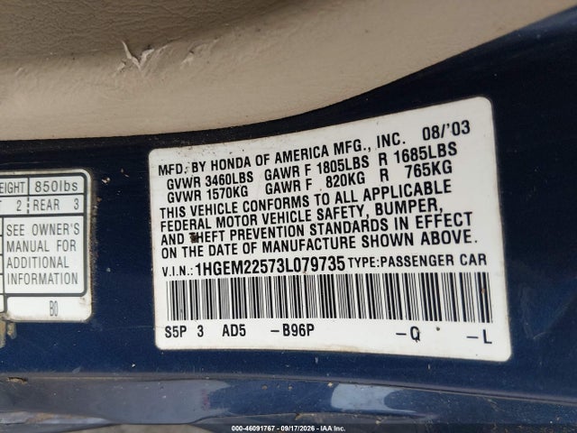 46091767 :رقم المزاد ، 1HGEM22573L079735 vin ، 2003 Honda Civic Lx مزاد بيع