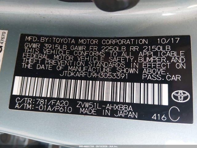 JTDKARFU9H3053391 Toyota Prius Two Eco