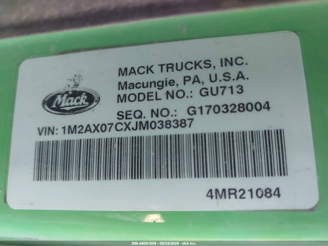 Продаж на аукціоні авто 2018 Mack Granite, vin: 1M2AX07CXJM038387, номер лоту: 46091809
