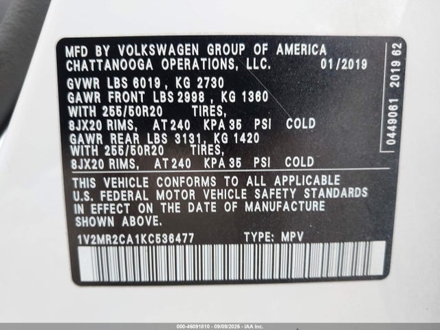 2019 Volkswagen Atlas 3.6l V6 Sel მანქანა იყიდება აუქციონზე, vin: 1V2MR2CA1KC536477, აუქციონის ნომერი: 46091810