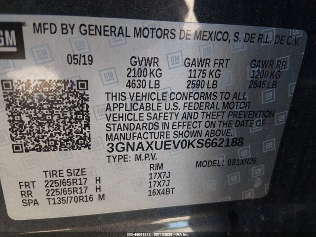 Продажа на аукционе авто 2019 Chevrolet Equinox Lt, vin: 3GNAXUEV0KS662188, номер лота: 46091812
