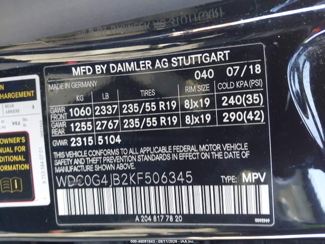 Aukcja sprzedaży 2019 Mercedes-benz Glc 300, vin: WDC0G4JB2KF506345, numer aukcji: 46091843