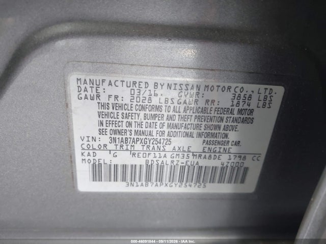 Aukcja sprzedaży 2016 Nissan Sentra Sr, vin: 3N1AB7APXGY254725, numer aukcji: 46091844