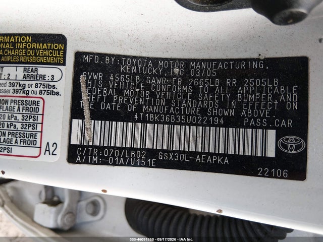 46091850 :رقم المزاد ، 4T1BK36B35U022194 vin ، 2005 Toyota Avalon Limited مزاد بيع