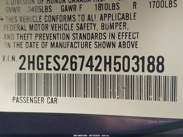 2002 Honda Civic Ex მანქანა იყიდება აუქციონზე, vin: 2HGES26742H503188, აუქციონის ნომერი: 46091860