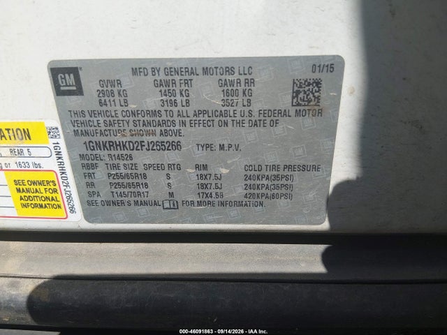 Продаж на аукціоні авто 2015 Chevrolet Traverse 2lt, vin: 1GNKRHKD2FJ265266, номер лоту: 46091863