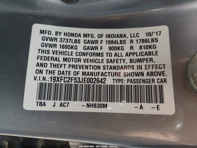 Aukcja sprzedaży 2018 Honda Civic Lx, vin: 19XFC2F53JE002642, numer aukcji: 46091864