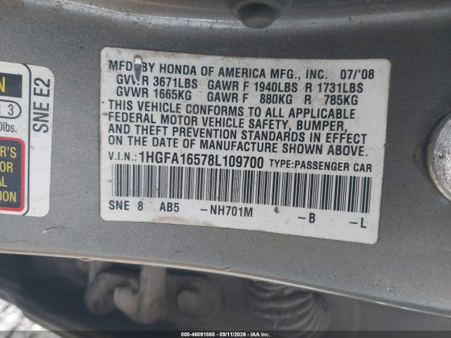 46091868 :رقم المزاد ، 1HGFA16578L109700 vin ، 2008 Honda Civic Lx مزاد بيع