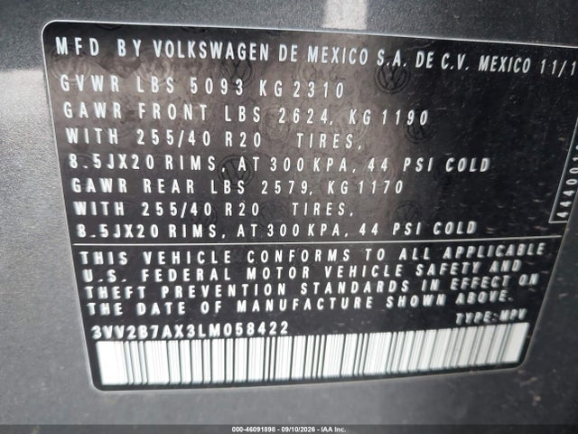Aukcja sprzedaży 2020 Volkswagen Tiguan 2.0t Se/2.0t Se R-line Black/2.0t Sel, vin: 3VV2B7AX3LM058422, numer aukcji: 46091898