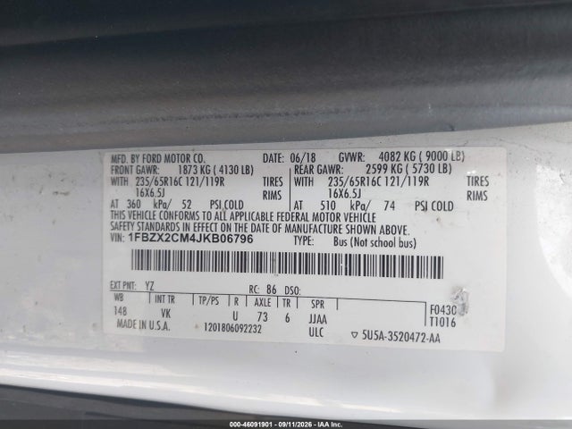 Aukcja sprzedaży 2018 Ford Transit-350 Xl, vin: 1FBZX2CM4JKB06796, numer aukcji: 46091901