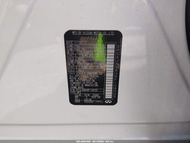 46091906 :رقم المزاد ، 3PCAJ5BB4RF108925 vin ، 2024 Infiniti Qx50 Luxe Awd مزاد بيع