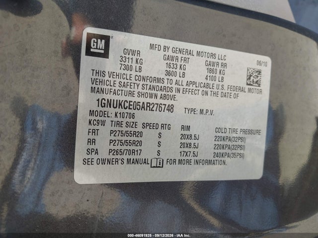 46091925 :رقم المزاد ، 1GNUKCE05AR276748 vin ، 2010 Chevrolet Tahoe Ltz مزاد بيع