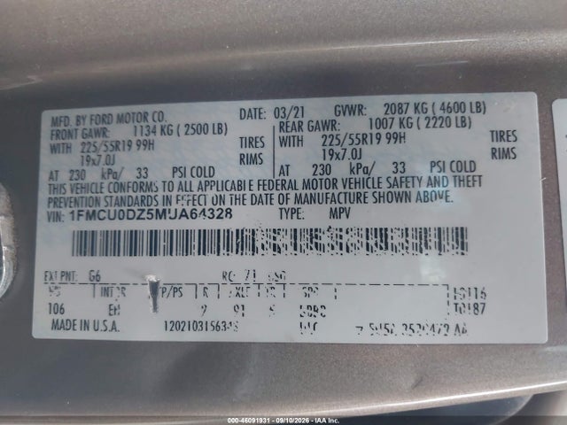 Продажа на аукционе авто 2021 Ford Escape Titanium Hybrid, vin: 1FMCU0DZ5MUA64328, номер лота: 46091931
