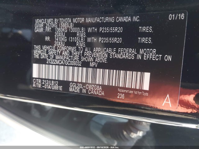 Aukcja sprzedaży 2016 Lexus Rx 350, vin: 2T2ZZMCA7GC009332, numer aukcji: 46091932