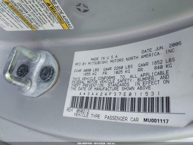 Aukcja sprzedaży 2007 Mitsubishi Eclipse Gs, vin: 4A3AK24F37E011531, numer aukcji: 46091936