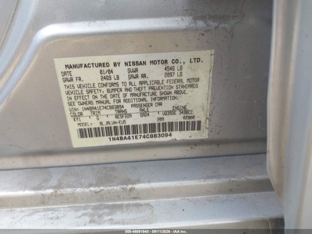 2004 Nissan Maxima 3.5 Se მანქანა იყიდება აუქციონზე, vin: 1N4BA41E74C883094, აუქციონის ნომერი: 46091940