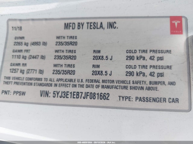 Aukcja sprzedaży 2018 Tesla Model 3 Long Range/performance, vin: 5YJ3E1EB7JF081662, numer aukcji: 46091954