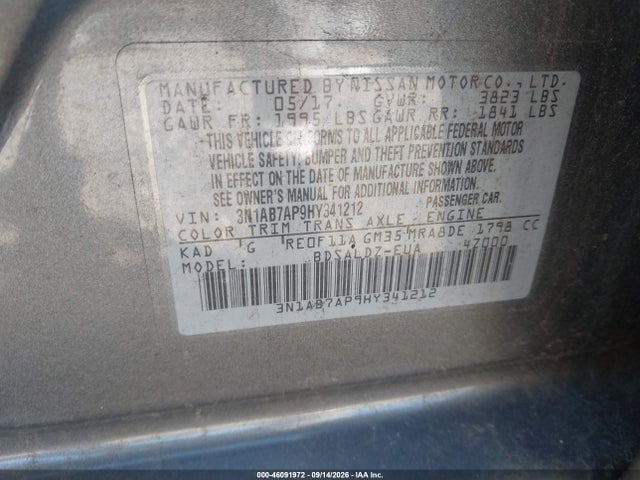 2017 Nissan Sentra Sv მანქანა იყიდება აუქციონზე, vin: 3N1AB7AP9HY341212, აუქციონის ნომერი: 46091972