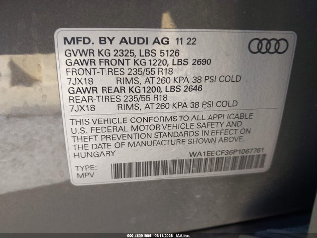 Продаж на аукціоні авто 2023 Audi Q3 Premium Plus 45 Tfsi S Line Quattro Tiptronic, vin: WA1EECF36P1067761, номер лоту: 46091995
