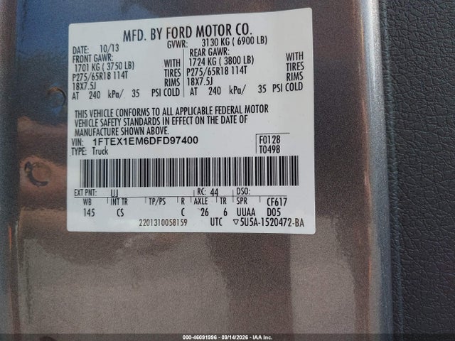 46091996 :رقم المزاد ، 1FTEX1EM6DFD97400 vin ، 2013 Ford F-150 Stx مزاد بيع