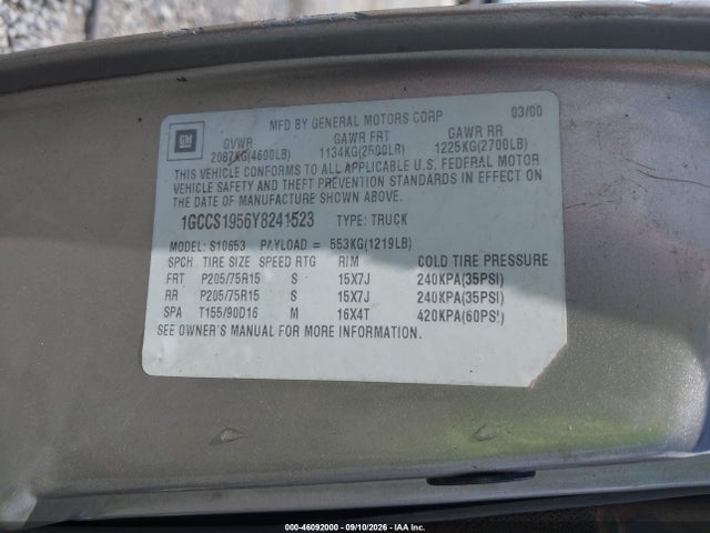 2000 Chevrolet S-10 Ls მანქანა იყიდება აუქციონზე, vin: 1GCCS1956Y8241523, აუქციონის ნომერი: 46092000