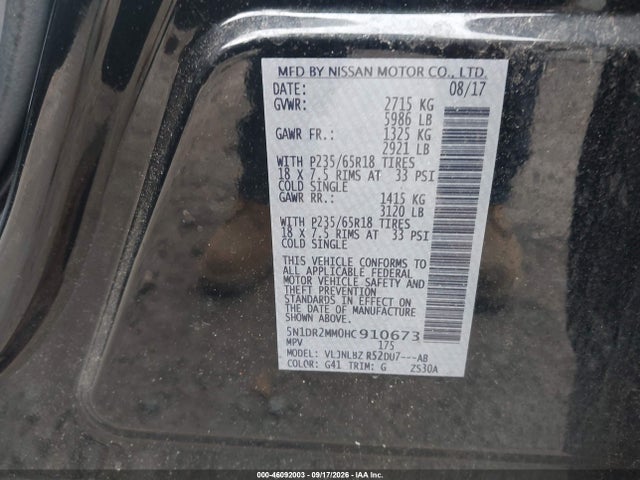 46092003 :رقم المزاد ، 5N1DR2MM0HC910673 vin ، 2017 Nissan Pathfinder S مزاد بيع