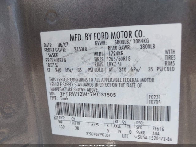 46092015 :رقم المزاد ، 1FTRW12W17KD31505 vin ، 2007 Ford F-150 Xlt مزاد بيع