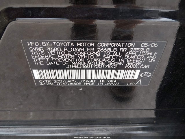 2007 Lexus Es 350 მანქანა იყიდება აუქციონზე, vin: JTHBJ46G172017842, აუქციონის ნომერი: 46092018