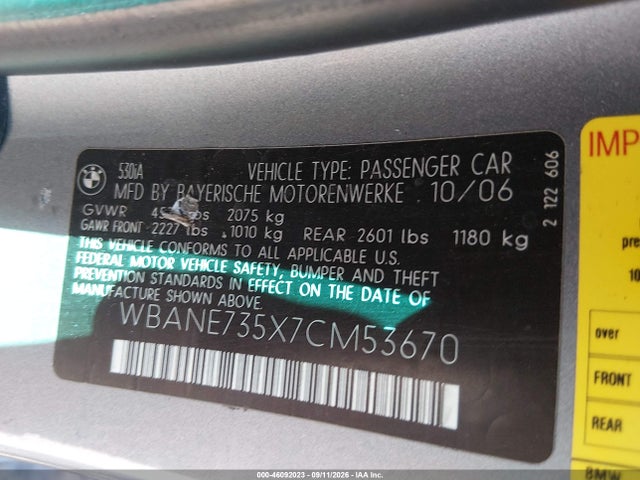 Продаж на аукціоні авто 2007 Bmw 530i, vin: WBANE735X7CM53670, номер лоту: 46092023
