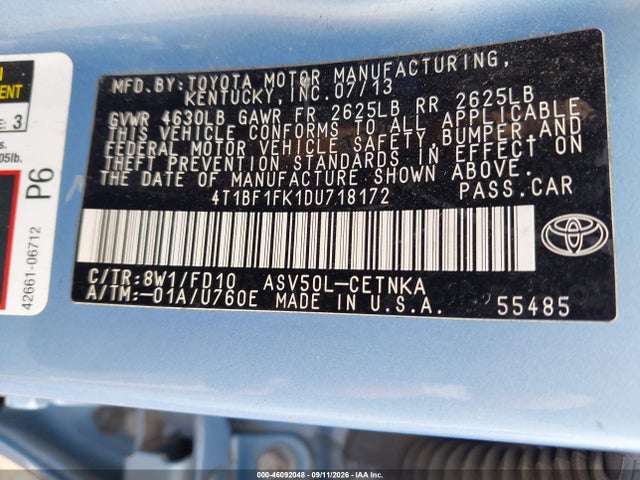 Aukcja sprzedaży 2013 Toyota Camry Le, vin: 4T1BF1FK1DU718172, numer aukcji: 46092048
