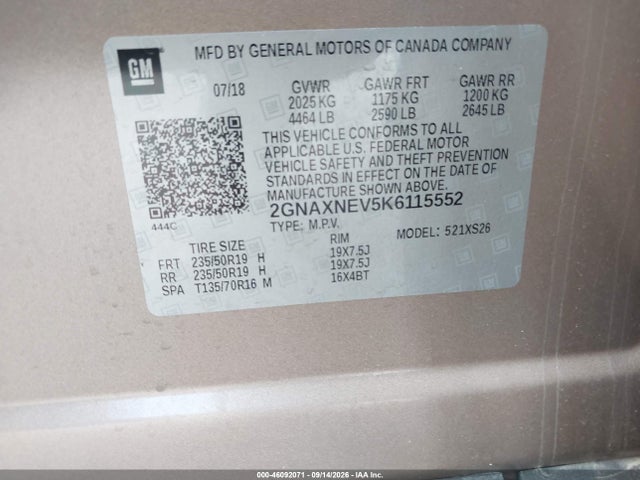 Продажа на аукционе авто 2019 Chevrolet Equinox Premier, vin: 2GNAXNEV5K6115552, номер лота: 46092071