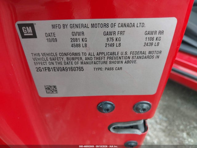 46092089 :رقم المزاد ، 2G1FB1EV0A9160765 vin ، 2010 Chevrolet Camaro 1lt مزاد بيع