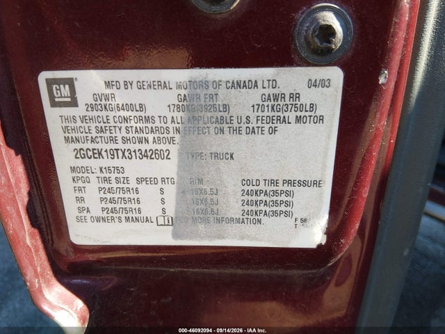 Продаж на аукціоні авто 2003 Chevrolet Silverado 1500 Ls, vin: 2GCEK19TX31342602, номер лоту: 46092094