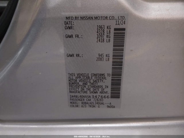 Продаж на аукціоні авто 2025 Nissan Altima Sv Fwd, vin: 1N4BL4DVXSN347666, номер лоту: 46092098