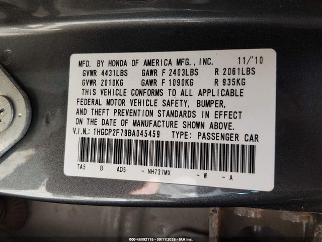 Auction sale of the 2011 Honda Accord 2.4 Ex, vin: 1HGCP2F79BA045459, lot number: 46092115
