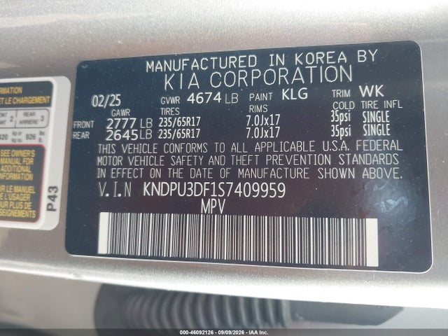 2025 Kia Sportage Lx მანქანა იყიდება აუქციონზე, vin: KNDPU3DF1S7409959, აუქციონის ნომერი: 46092126
