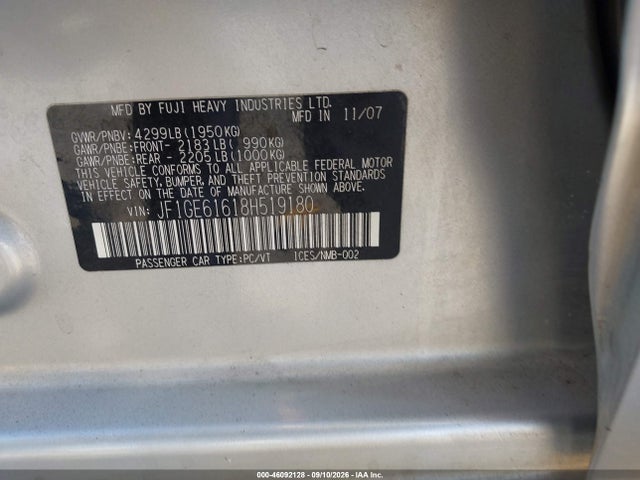 Продаж на аукціоні авто 2008 Subaru Impreza 2.5i, vin: JF1GE61618H519180, номер лоту: 46092128