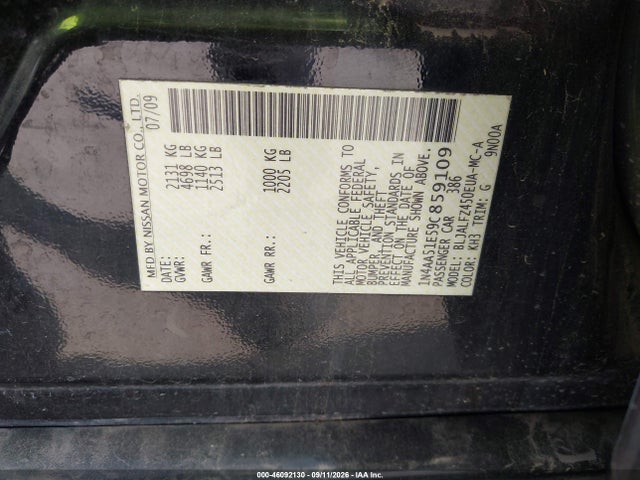 46092130 :رقم المزاد ، 1N4AA51E59C859109 vin ، 2009 Nissan Maxima 3.5 Sv مزاد بيع