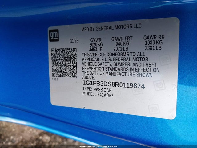 Auction sale of the 2024 Chevrolet Camaro Rwd  1lt, vin: 1G1FB3DS8R0119874, lot number: 46092132