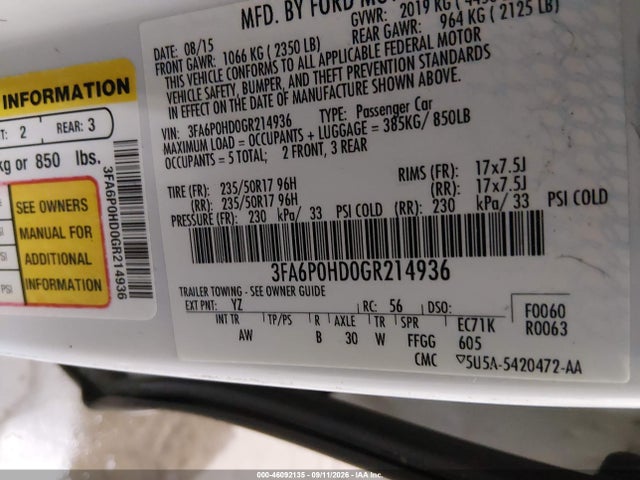 Ford FUSION SE 2016 3FA6P0HD0GR214936 Image 9