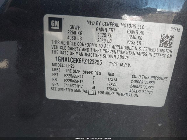 46092147 :رقم المزاد ، 1GNALCEK6FZ123255 vin ، 2015 Chevrolet Equinox 2lt مزاد بيع