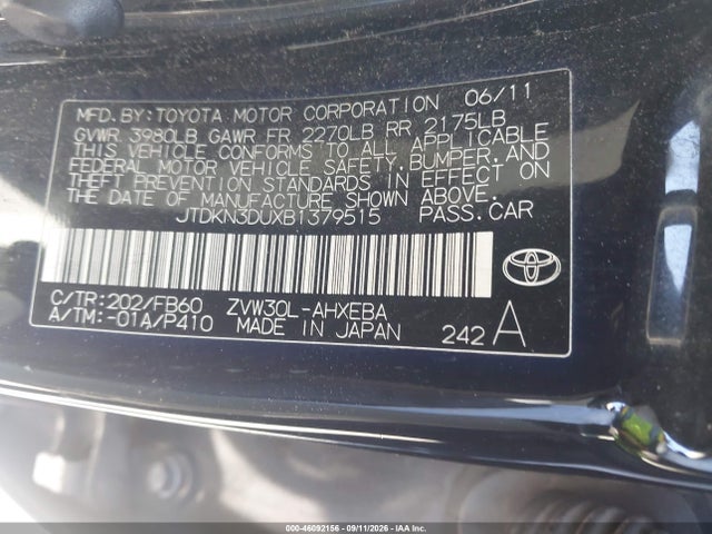 Aukcja sprzedaży 2011 Toyota Prius Two, vin: JTDKN3DUXB1379515, numer aukcji: 46092156