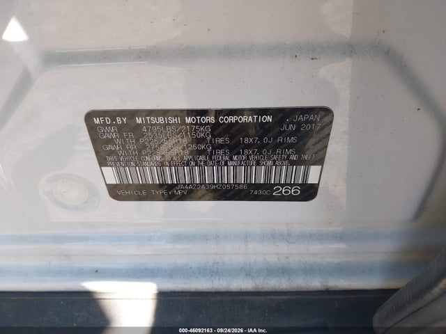 46092163 :رقم المزاد ، JA4AZ2A39HZ057586 vin ، 2017 Mitsubishi Outlander Es مزاد بيع
