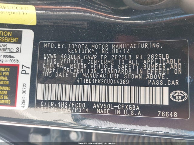 2012 Toyota Camry Hybrid Xle მანქანა იყიდება აუქციონზე, vin: 4T1BD1FK2CU044389, აუქციონის ნომერი: 46092166