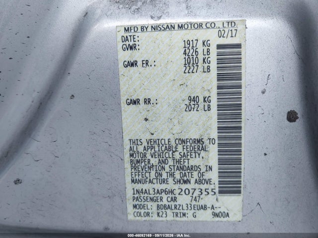 46092169 :رقم المزاد ، 1N4AL3AP6HC207355 vin ، 2017 Nissan Altima 2.5 Sl مزاد بيع