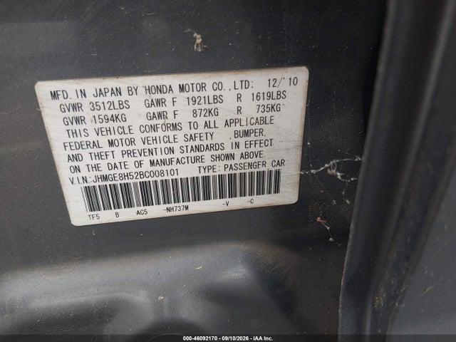 Продаж на аукціоні авто 2011 Honda Fit Sport, vin: JHMGE8H52BC008101, номер лоту: 46092170
