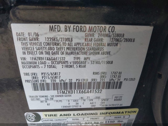 2006 Ford Freestyle Se მანქანა იყიდება აუქციონზე, vin: 1FMZK011X6GA41532, აუქციონის ნომერი: 46092179